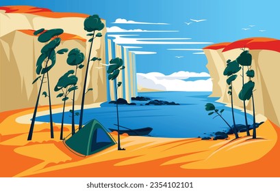autumn camping by the sea. Tall pine trees in the lagoon. Vector illustration