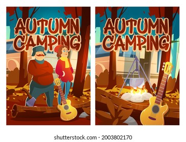 Autumn camping cartoon posters, man and woman tourists with rv caravan, campfire and guitar in fall forest camp landscape. Touristic family vacation, hiking or traveling activity, Vector illustration