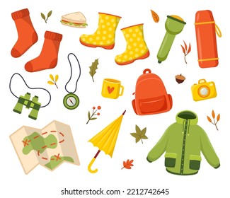 Conjunto de ilustraciones vectoriales de elementos de acampada otoñales. Campo o paseo otoñal, mapas, mochila, mapa, binoculares, hierbas aisladas en fondo blanco. Naturaleza, otoño o otoño, acampada, concepto arqueológico