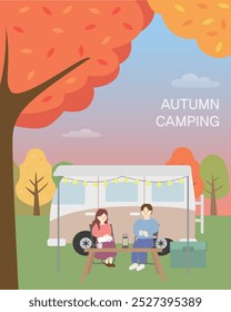 Autumn Camping Illustration, Maple trees, camper vans, lovers