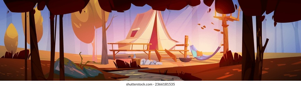 Autumn camping and outdoor recreation - tent on wooden patio, hammock and place to cook in forest among trees with orange leaves. Cartoon fall woodland landscape with a place for rest and relaxation.