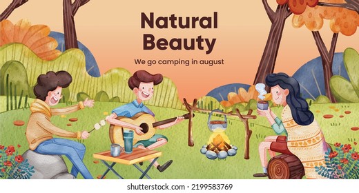 Autumn camping picnic blog header template watercolor style 