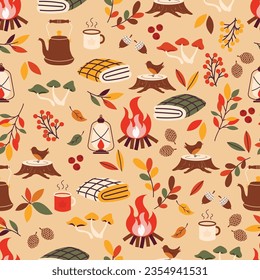 Autumn camping seamless pattern. Fall background with autumn elements. Vector illustration.