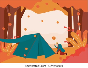 Autumn camping vector concept: man setting up his tent in the middle of the forest