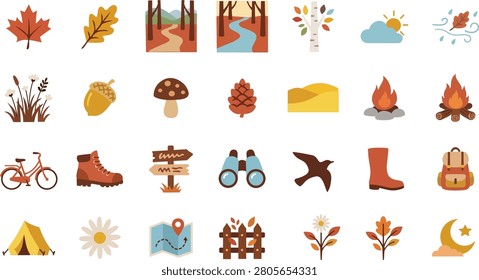 Autumn and camping vector icon set featuring maple leaves, acorn, mushroom, bonfire, tent, backpack, hiking boots, and forest elements