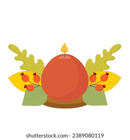 Autumn candle, decorative decoration. Autumn leaves, red berries.