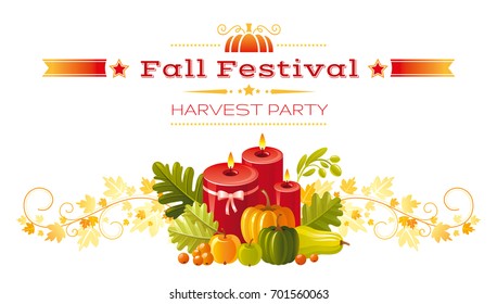 Autumn candle greeting card. Harvest festival poster. Fall party invitation banner. Thanksgiving day - american traditional family holiday, white background isolated, agriculture vector illustration.