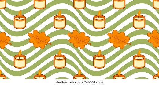 Autumn Candle Leaf Cozy Pattern. Burning candles and autumn leaves in cartoon style. Seamless cozy pattern on green and white wavy background.