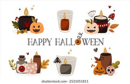 Autumn candle set with Halloween decoration pumpkin, leaves, berries, moth, skull and mushroom. Cartoon style illustration for banners, posters, greeting cards and Halloween celebrations.