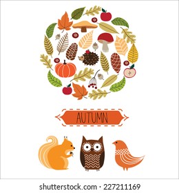 Autumn card with animals and nature