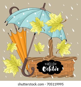 Autumn card with a basket with sheets and umbrellas. Vector illustration.