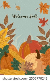 Autumn card. Beautiful autumn card with pumpkins, leaves and flowers. Hello Autumn