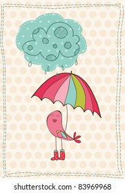 Autumn Card with bird in rain boots - for scrapbook, design, invitation, greetings