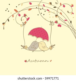 autumn card with birds on a swing