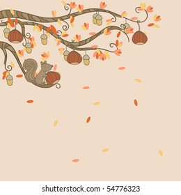 autumn card with branch and squirrel