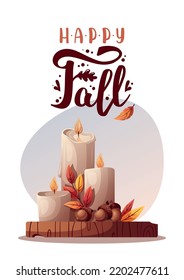 Autumn card with Candles, acorns and leaves. "Happy Fall" handwritten phrase. Fall, autumn, cozy home, thanksgiving day concept. Vector illustration. Card, postcard, cover.
