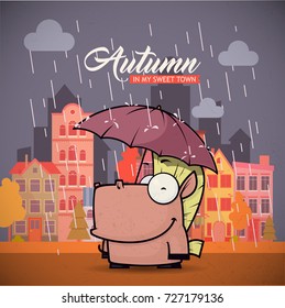 Autumn card with cartoon animal charcter on a city background. Vector collection.