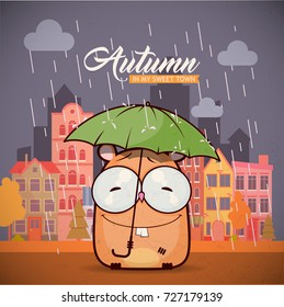 Autumn card with cartoon animal charcter on a city background. Vector collection.