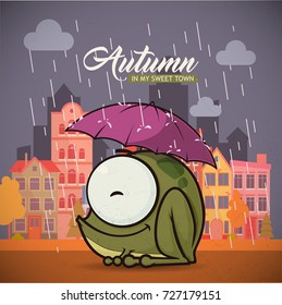 Autumn card with cartoon animal charcter on a city background. Vector collection.