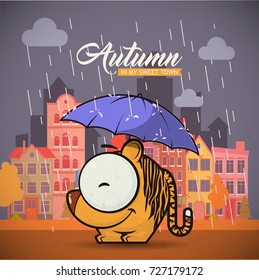 Autumn card with cartoon animal charcter on a city background. Vector collection.