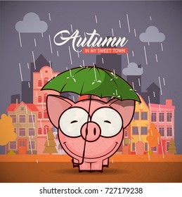 Autumn card with cartoon animal charcter on a city background. Vector collection.