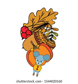 Autumn card with cartoon mouse, autumn leaves, pumpkins. Vector illustration.