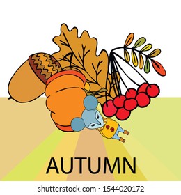 Autumn card with cartoon mouse, autumn leaves, pumpkins. Vector illustration.