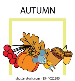 Autumn card with cartoon mouse, autumn leaves, pumpkins. Vector illustration.