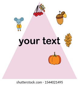 Autumn card with cartoon mouse, autumn leaves, pumpkins. Vector illustration.