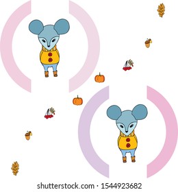Autumn card with cartoon mouse, autumn leaves, pumpkins. Vector illustration.