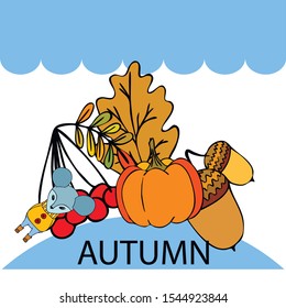 Autumn card with cartoon mouse, autumn leaves, pumpkins. Vector illustration.