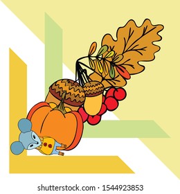 Autumn card with cartoon mouse, autumn leaves, pumpkins. Vector illustration.