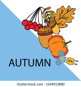 Autumn card with cartoon mouse, autumn leaves, pumpkins. Vector illustration.