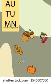 Autumn card with cartoon mouse, autumn leaves, pumpkins. Vector illustration.