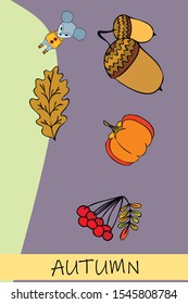 Autumn card with cartoon mouse, autumn leaves, pumpkins. Vector illustration.
