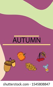 Autumn card with cartoon mouse, autumn leaves, pumpkins. Vector illustration.