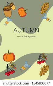 Autumn card with cartoon mouse, autumn leaves, pumpkins. Vector illustration.