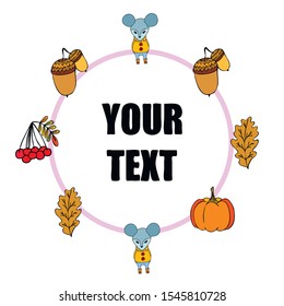 Autumn card with cartoon mouse, autumn leaves, pumpkins. Vector illustration.