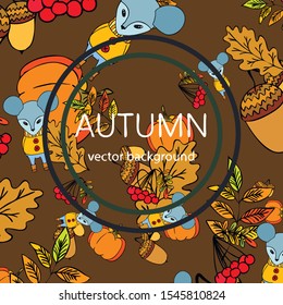 Autumn card with cartoon mouse, autumn leaves, pumpkins. Vector illustration.