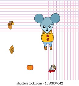 Autumn card with cartoon mouse, autumn leaves, pumpkins. Vector illustration.