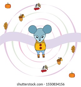 Autumn card with cartoon mouse, autumn leaves, pumpkins. Vector illustration.