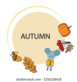 Autumn card with cartoon mouse, autumn leaves, pumpkins. Vector illustration.