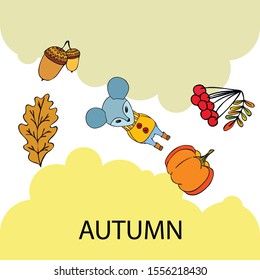 Autumn card with cartoon mouse, autumn leaves, pumpkins. Vector illustration.