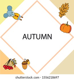 Autumn card with cartoon mouse, autumn leaves, pumpkins. Vector illustration.