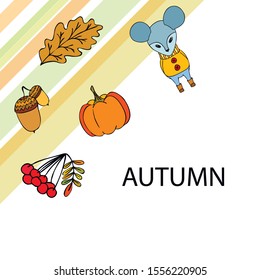 Autumn card with cartoon mouse, autumn leaves, pumpkins. Vector illustration.