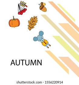 Autumn card with cartoon mouse, autumn leaves, pumpkins. Vector illustration.