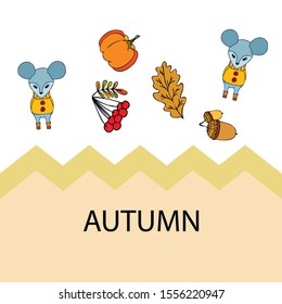 Autumn card with cartoon mouse, autumn leaves, pumpkins. Vector illustration.