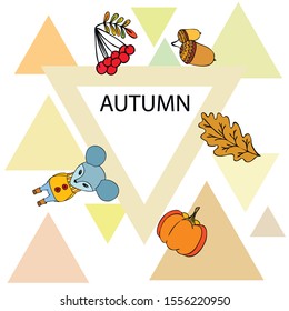Autumn card with cartoon mouse, autumn leaves, pumpkins. Vector illustration.