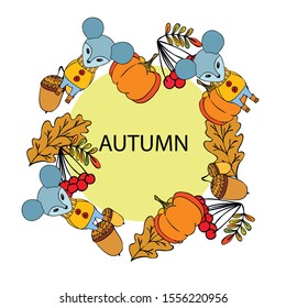 Autumn card with cartoon mouse, autumn leaves, pumpkins. Vector illustration.