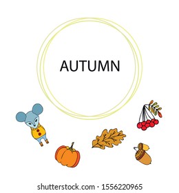 Autumn card with cartoon mouse, autumn leaves, pumpkins. Vector illustration.
